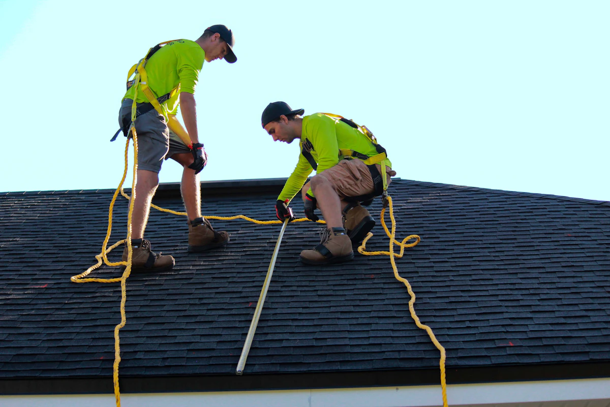 Tom Jannace Roofing crew performing professional shingle roof repair on a Suffolk County home