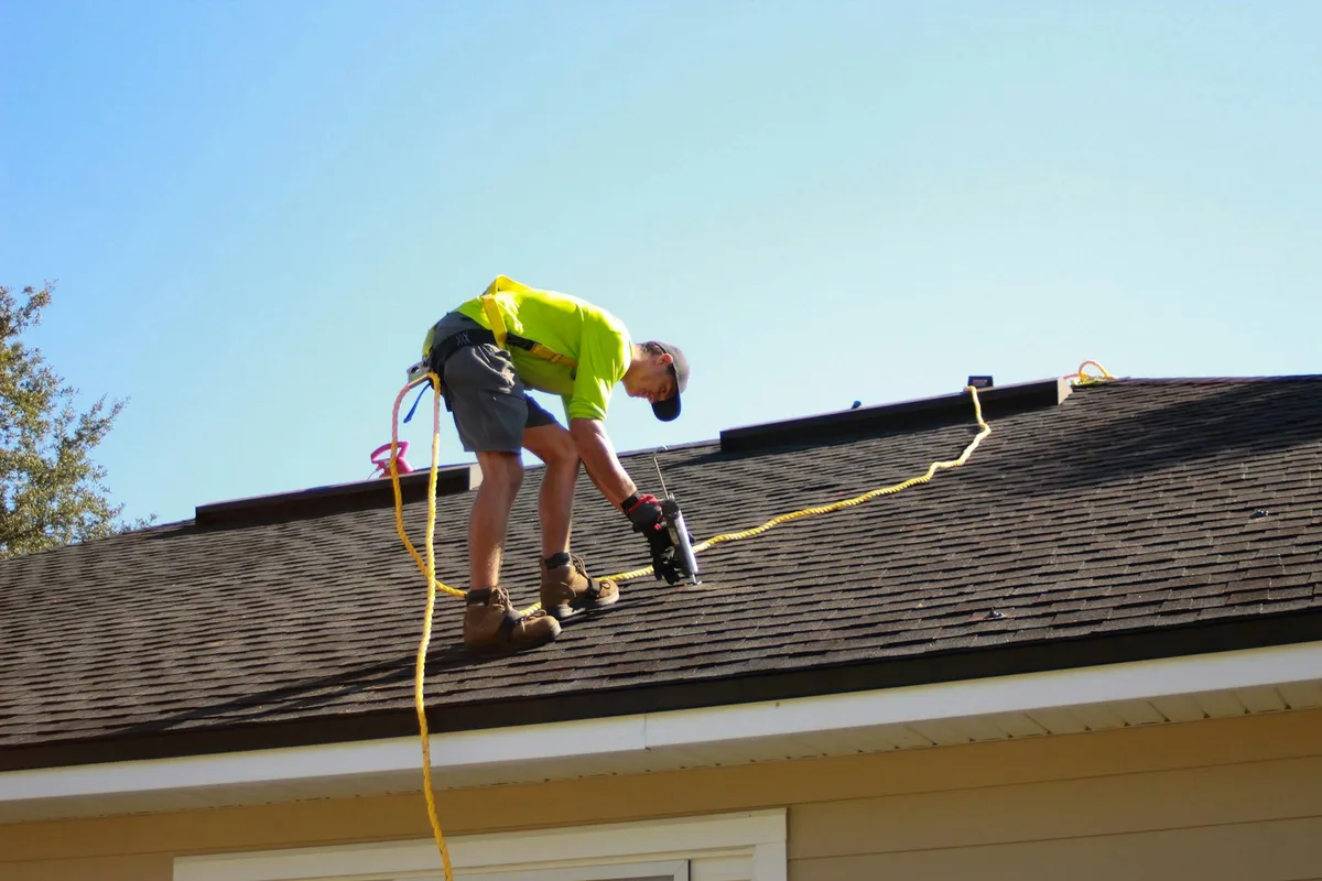 Harnessed roofer repairing a shingle roof section on a Northport home