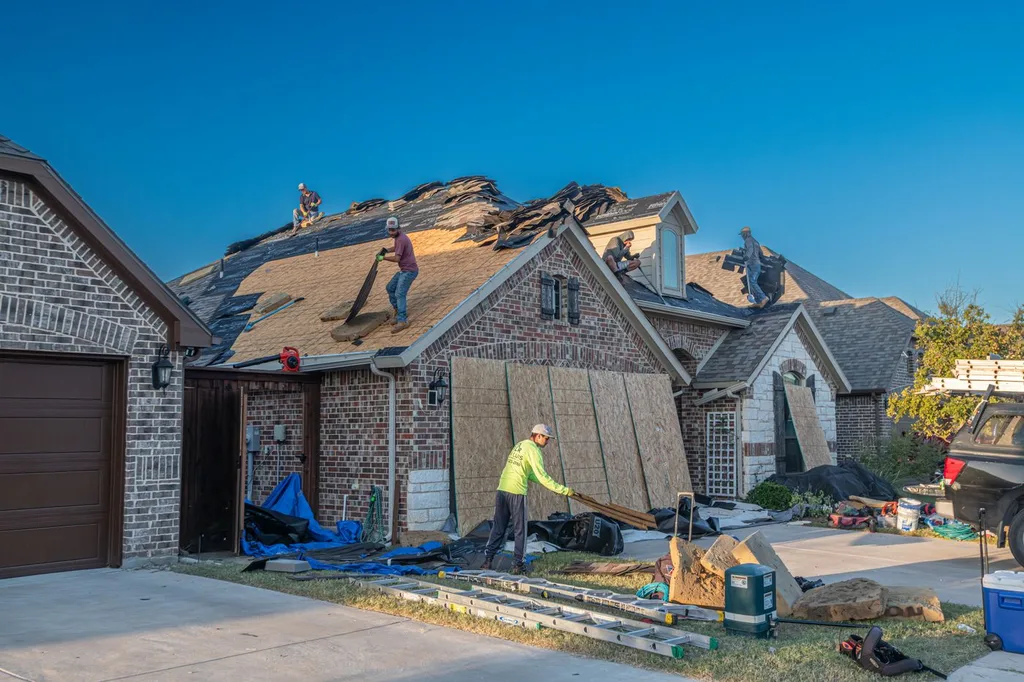 Roofing crew stripping storm-damaged asphalt shingles down to the exposed deck